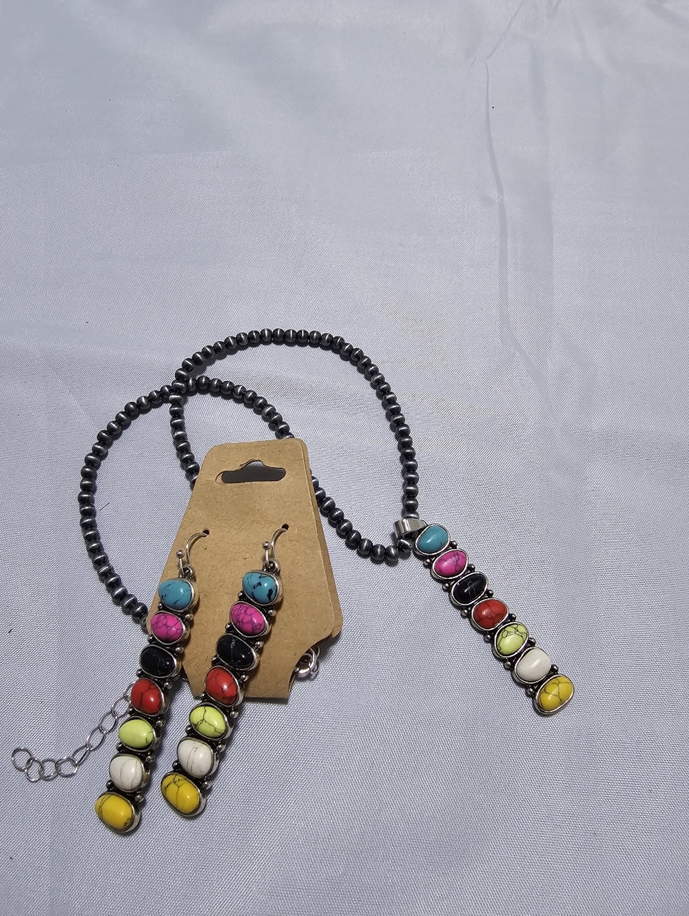 Colorful Multi-Stone Pendant Necklace and Earrings Set - Multi